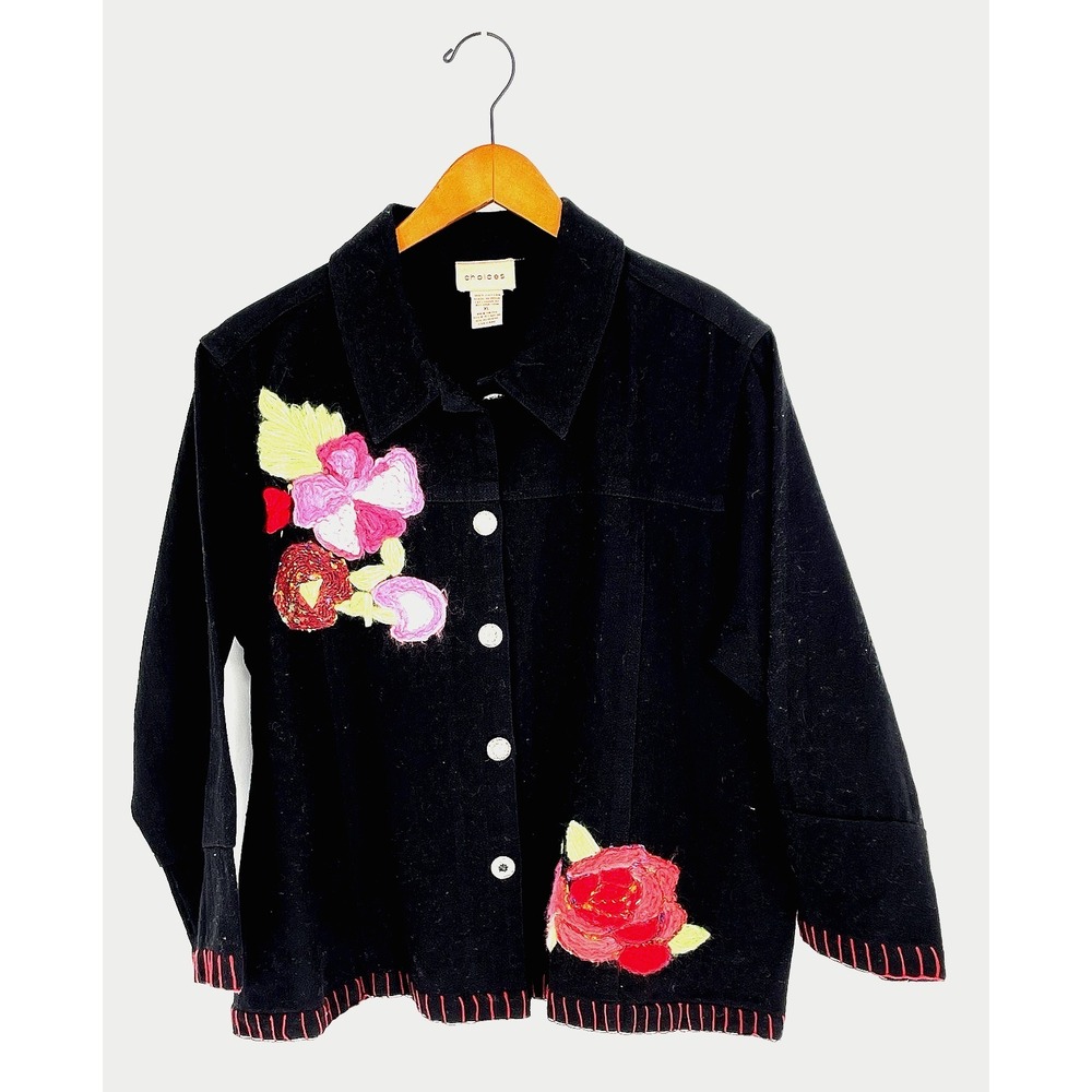 Choices Womens XL Light Cardigan Sweater Black Floral Embroidered